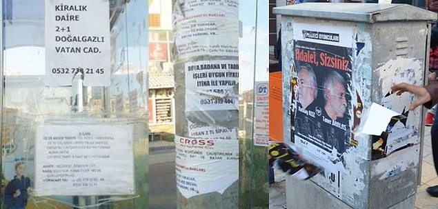 15. Duraklara, direklere yapıştırılan ilanlar.