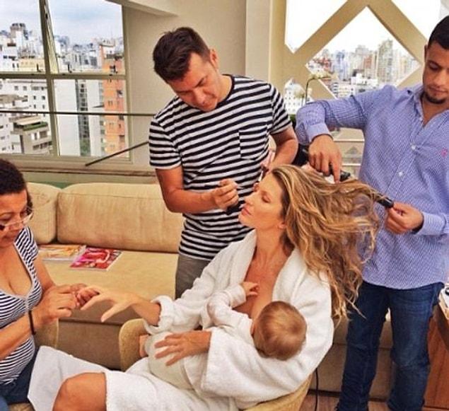 6. Gisele Bundchen shared this photo of herself breastfeeding her baby girl Vivian while getting ready for a photo shoot.