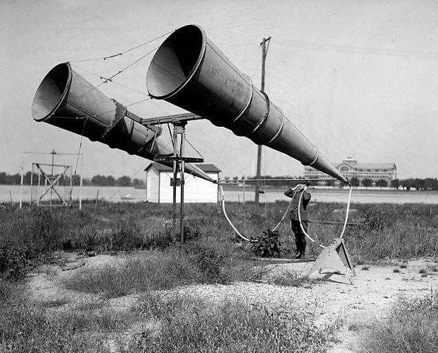 7. Aircraft engines produced unprecedented sound, so in order to hear them at a distance, the war efforts developed listening devices. A two-horn system at Bolling Field, USA, 1921.