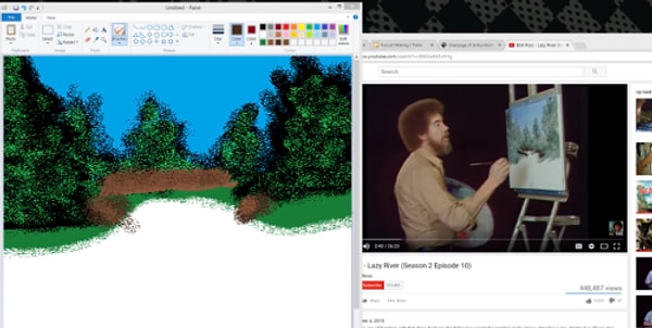 Fakat Hailey-Jai Bob Ross'un şurada bir kırmızı ağaç vardır, belki şuradan bir nehir geçiyordur videolarını izleyerek bildiğimiz Paint üzerinde resim yapmaya devam etti.