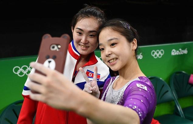 36. In a rare symbol of unity between South Korea and its isolated neighbour in the North, these two gymnasts took a selfie together after competing at the Olympics in Rio de Janeiro.