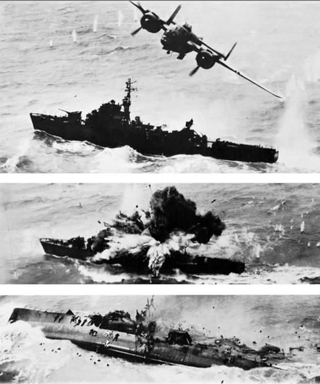 6. The moment when the warplane USAAF B-25 made the Japanese destroyers sink into water.