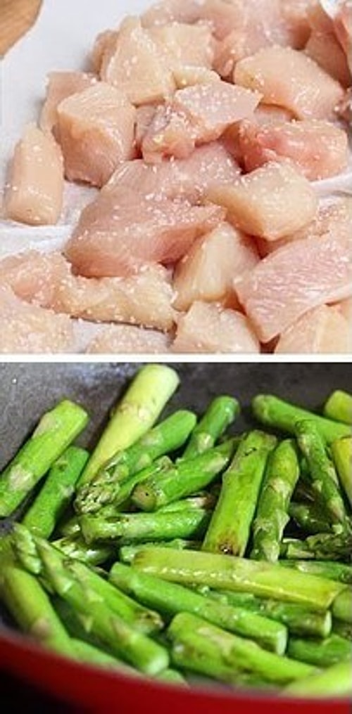 Курица со спаржей, обжаренная в лимонном соке