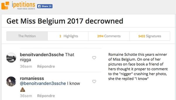 Tüm bunların yanı sıra taze Miss Belçika'nın tacının geri alınması için bir imza kampanyası başlatıldı.
