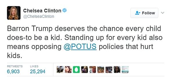 Barron'un bu tavırları bir kısım insanlar tarafından o kadar çok eleştirildi ki, eski başkan Bill Clinton'ın kızı Chelsea, attığı bir tweet ile onun arkasında olduğunu açık yüreklilikle söyledi.