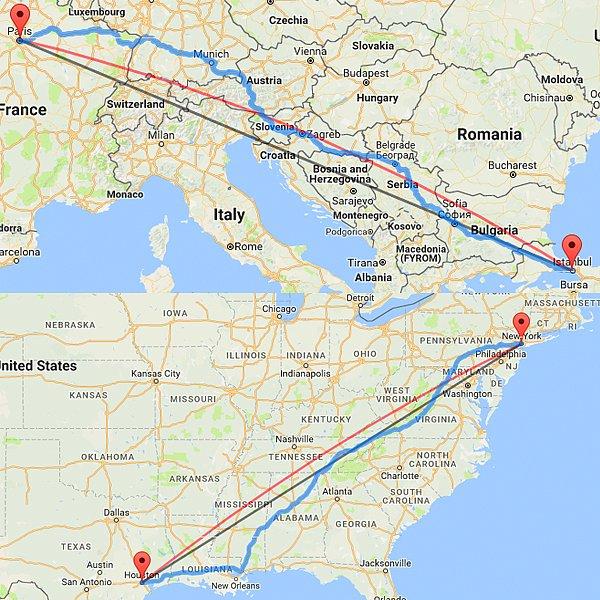 1. İstanbul - Paris arasındaki mesafe, New York City - Houston arasındaki mesafeden kısa.