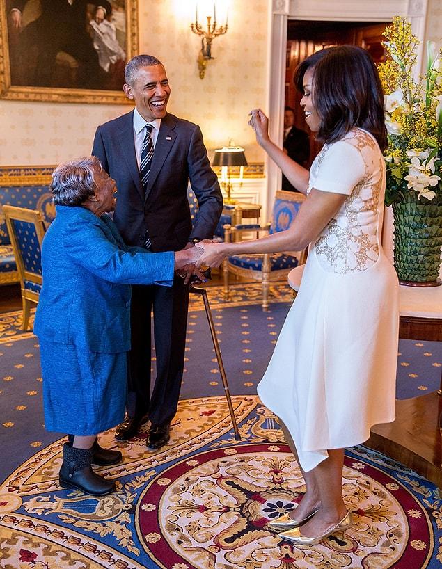 4. Barack Obama, who is watching his wife dance with 106-year-old Virginia McLaurin during a reception celebrating African-American history.