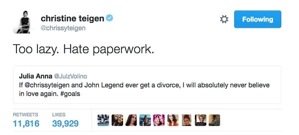 3. Bir takipçisi "Chrissy Teigen ve John Legend ayrılacak olursa bir daha asla kesinlikle aşka inanmam," demişti.