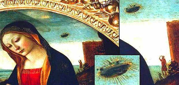 When you look closer at the painting, there seems to be an object very similar to a UFO in the sky!