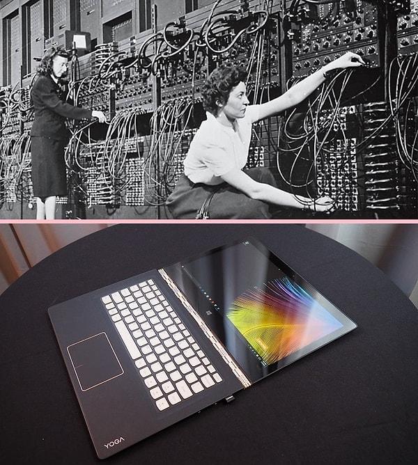 4. 1947'de kullanılan, 30 ton ağırlığında olan, elektrikle çalışan ve elektronik veri işleme kapasitesine sahip ilk bilgisayar ENIAC & günümüzdeki bir bilgisayar