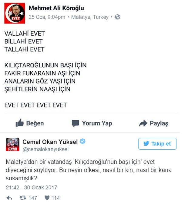 CHP Eskişehir Milletvekili Cemal Okan Yüksel, “Malatya’dan bir vatandaş ‘Kılıçdaroğlu’nun başı için’ evet diyeceğini söylüyor. Bu neyin öfkesi, nasıl bir kin, nasıl bir kana susamışlık?" dedi ve mesajı Twitter’da paylaşarak tepki gösterdi.