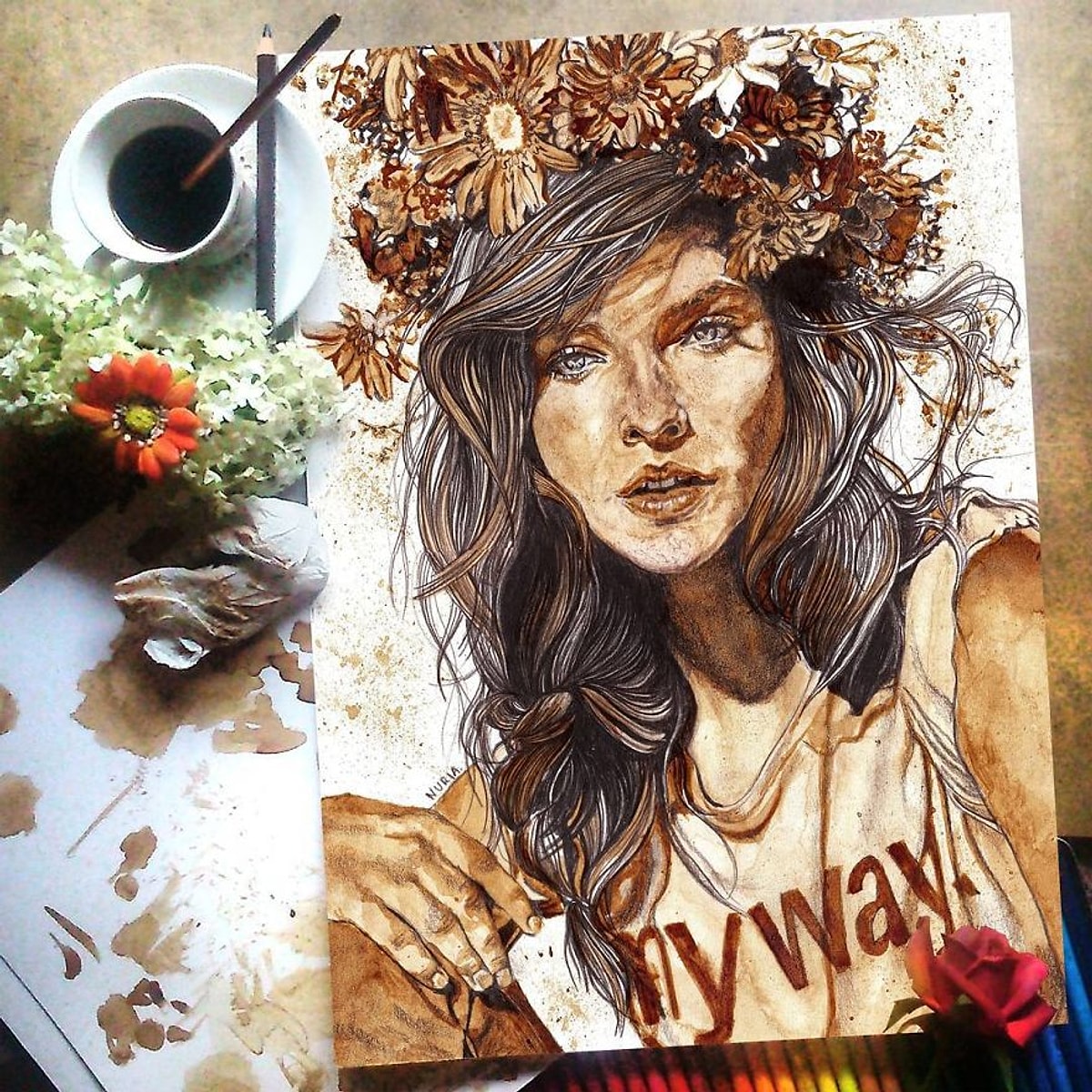 Художник nuria salcedo. Рисуем кофе на бумаге. Журнальные рисунки. Кофейная живопись. Рисунки кофем.