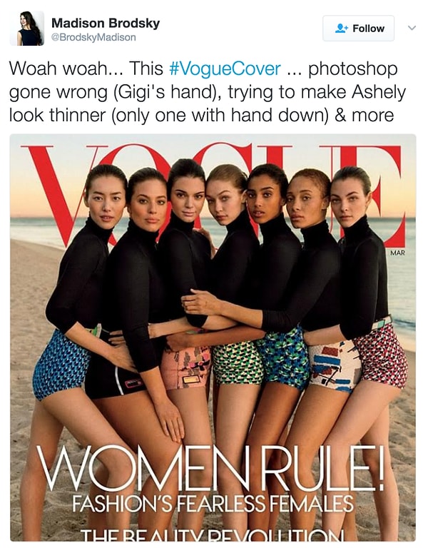 "Вот это у Vogue обложка! Они старались сделать Эшли стройнее (единственная с рукой на ноге), да еще и переборщили с фотошопом (рука Джиджи и т.д.)"