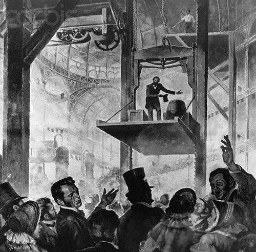 Представленный изобретателем Отисом в 1853 году в Нью-Йорке первый лифт и лифт сегодня