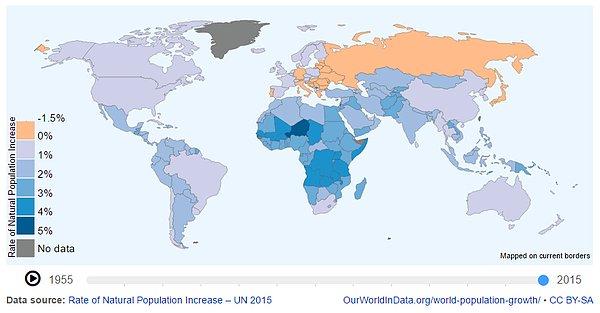 11. Bu harita ise nüfus artışının kıtalar bazındaki yoğunluğunu gösteriyor: