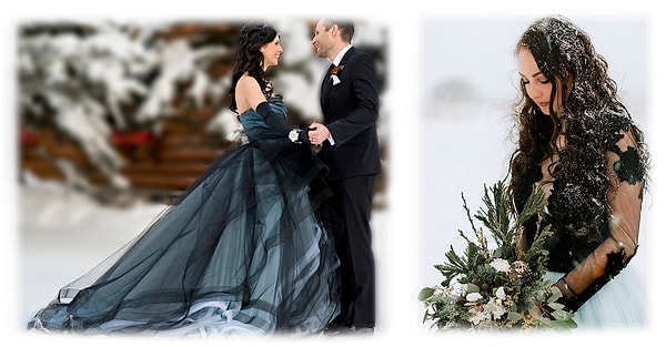 7. Черный наряд служит контрастом для снежного пейзажа зимних свадеб.