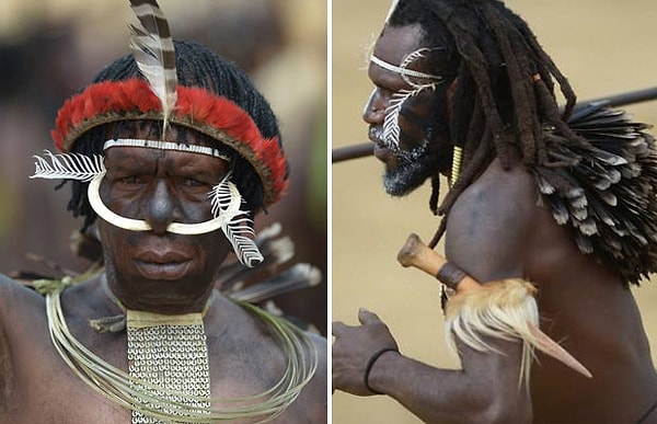 4. В племение Дани мужчины обязательно должны носить головные уборы с перьями и костями животных