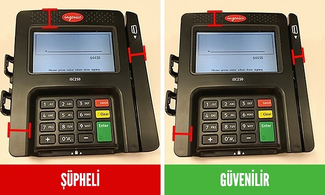 Fotoğrafta da gördüğünüz üzere POS cihazı boyutları önem taşıyor. Cihazda gözünüze çarpan bir büyüklük fark ederseniz, alışveriş yapmamanız önerilir.