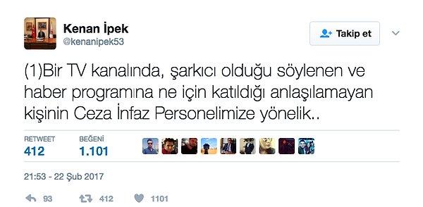 Ardından Adalet Bakanı Müsteşarı Kenan İpek, Twitter'dan oldukça sert bir tepki gösterdi.