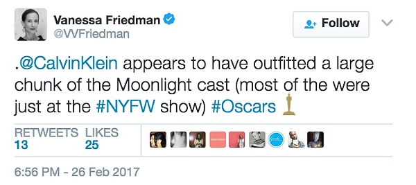 Şöyle bir bilgi de elimize ulaştı ki, Calvin Klein Ayışığı aktörlerinin çoğunun Oscar gecesi kıyafetlerini de sağlamış!