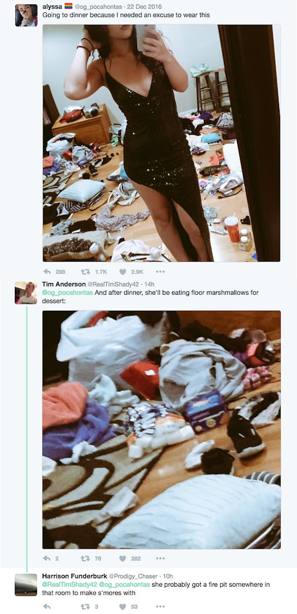 11. Когда Алисса поделилась сексуальным селфи в своем Твиттере, она надеялась, что люди скажут ей, как прекрано она выглядит в своем платье. Однако Твиттер Алиссы стал вирусным, когда люди начали играть в «Я шпион» с ее фоткой, анализируя хлам, засоряющий ее грязный пол