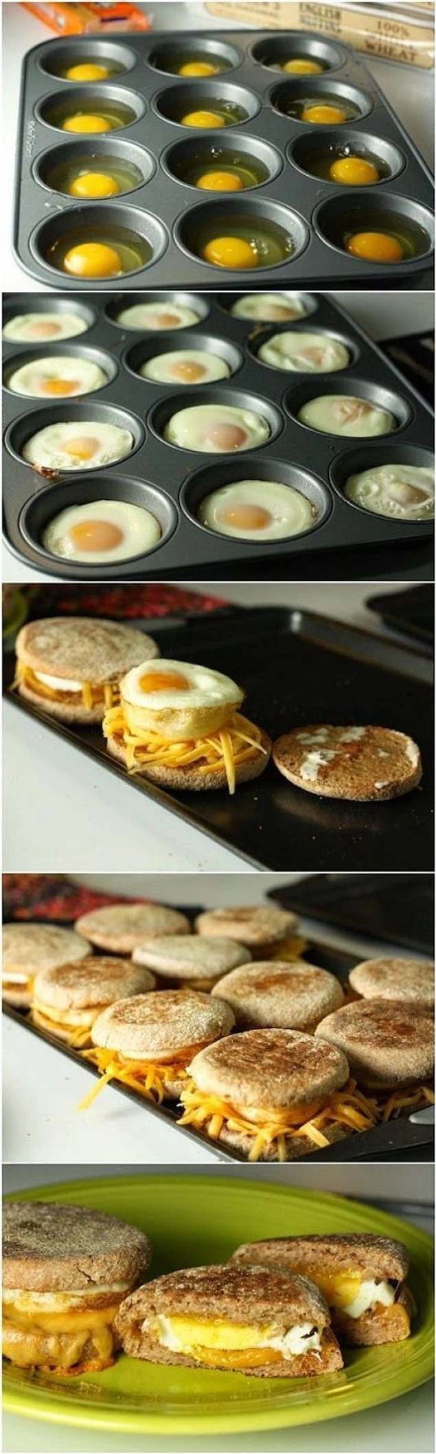 Приготовьте десять яиц в специальной формочке для маффинов и сделайте из них гамбургеры, если к вам на завтрак собирается целая рота ))