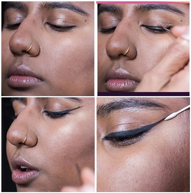 For the perfect winged liner, make a dot where you want the wing to end and draw a connecting line from your inner corner to the dot. Clean the line with a damp pointed Q-tip.