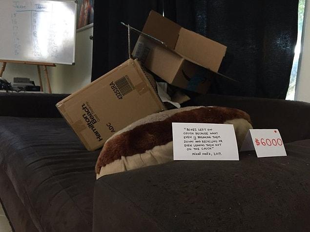 8. "Boxes Left On Couch Because What Even *is* Breaking Them Down And Recycling Or Even Leaving Them Not On The Couch;" Mixed-Media, 2017