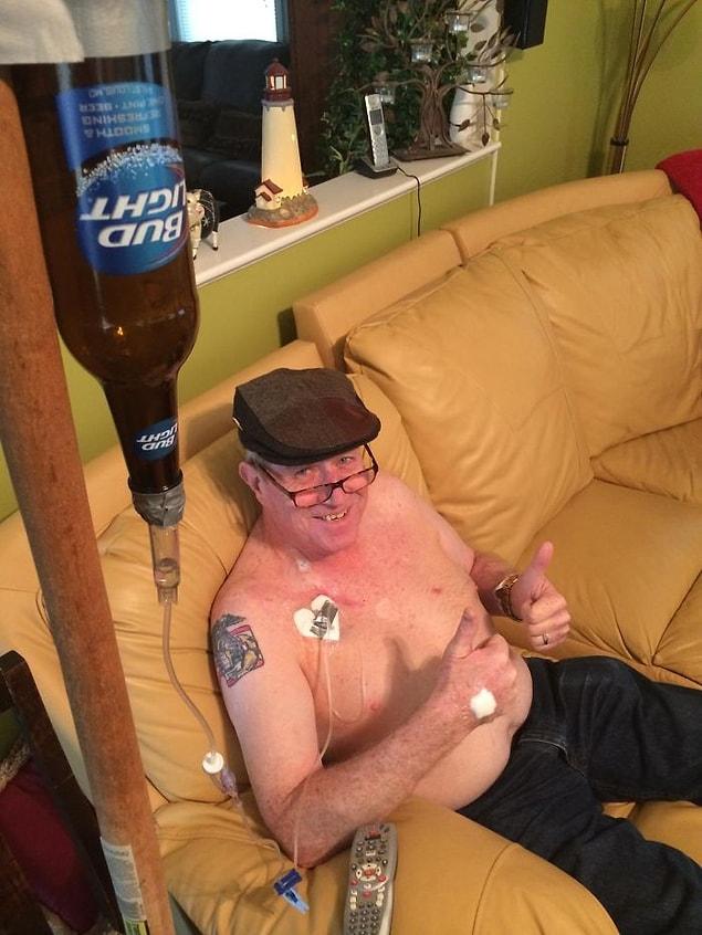 18. “My dad just got his chest port for chemotherapy today. Here he is testing it out.”