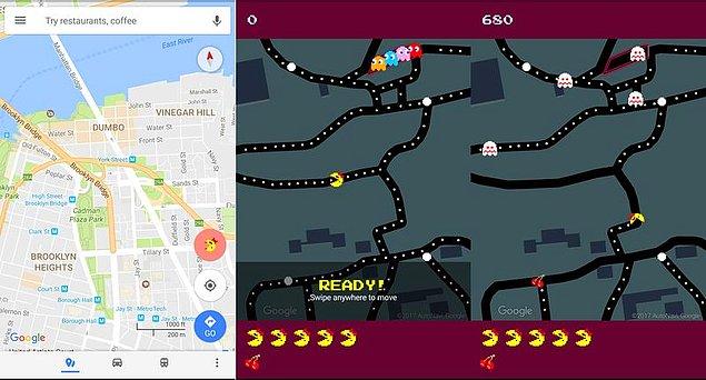 4. Google, en çok kullanılan servislerinden biri olan Haritalar için hınzır bir şaka hazırladı. Kullanıcılar herhangi bir haritayı açtığında sokak ve caddeler PacMan oyununa dönüştü.