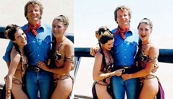 9. Керри Фишер и ее дублер Трейси Эддон на съемках "Возвращения джедая"