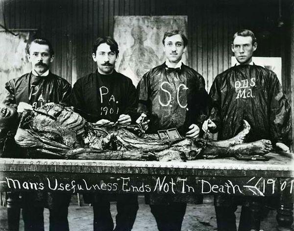 12. An anatomy class posing with a cadaver, 1901.