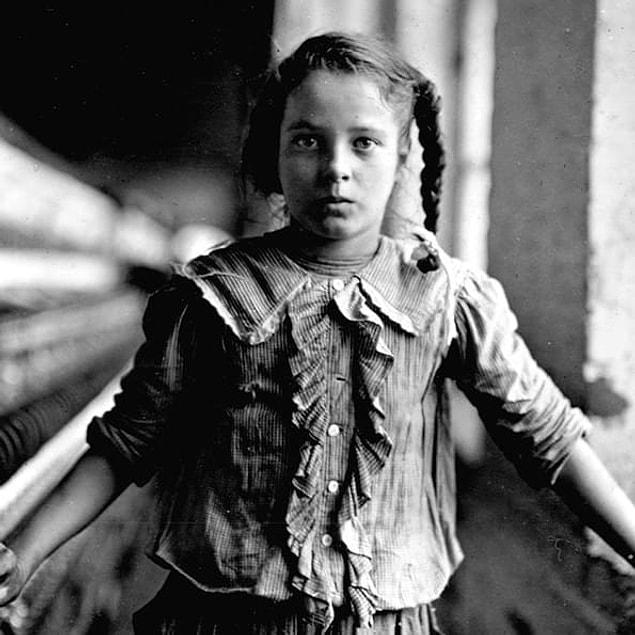 11. Left: Portrait of a 13-year-old boy with a hand injury he received while working at a cotton mill in Weldon, North Carolina, circa 1914. Right: A young girl pauses for a portrait while working on spinning machines in 1908.