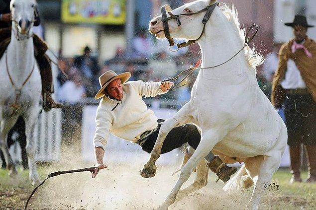 8. Uruguay'da 12 Nisan günü düzenlenen Kutsal Hafta töreni kapsamında Criolla del Prado rodeosunda bir kovboy.