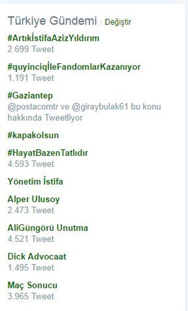 2. İstifa sloganları sahada kalmaz, sosyal medyaya da sıçrar. Twitter'da hem Fenerbahçeli hem de Galatasaraylı taraftarlar birbirinden yaratıcı cümlelerle yönetimi istifaya çağırır.