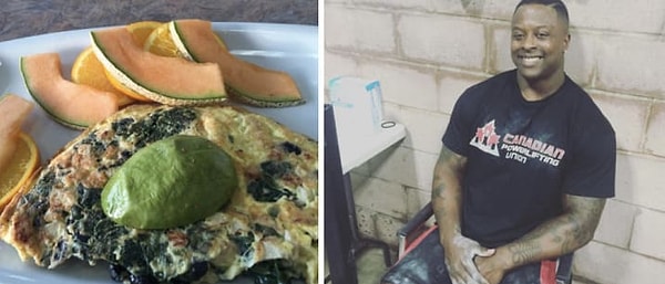 9. Омлет с курицей, шпинатом и черными бобами, авокадо и фрукты