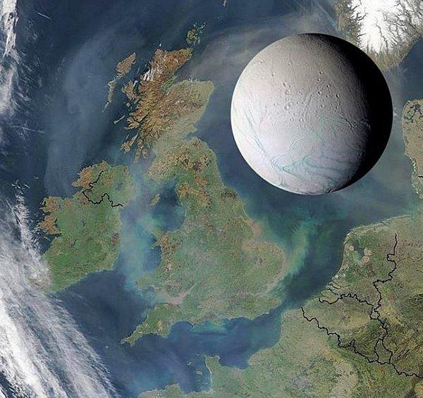14. Satürn'ün 6. büyük uydusu Enceladus'un Britanya ile karşılaştırması.