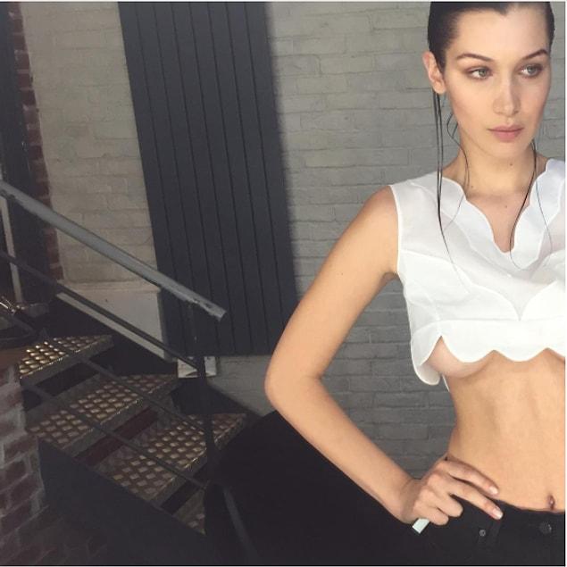 6. Model Bella Hadid posted this selfie while on a sexy photoshoot. That's a killer scalloped crop top, guys!