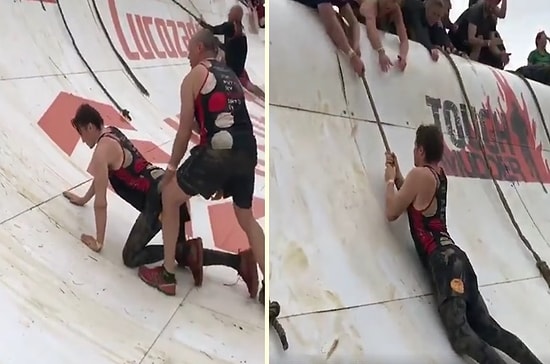 Zorlu Parkurda Engelli Gence Destek Olan Baba ve Diğer İnsanların Duygulandıran Görüntüleri