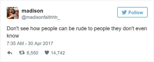 Madison retweeted the comment and responded with a simple message: “Don’t see how people can be rude to people they don’t even know.”
