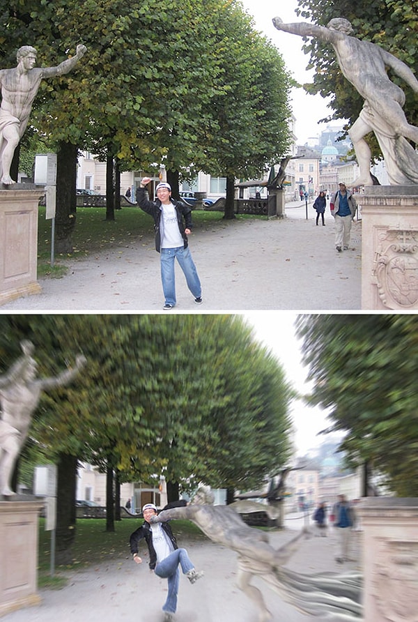 1. "Я так неловко выгляжу на фото со статуями, можете сделать позу более динамичной?"