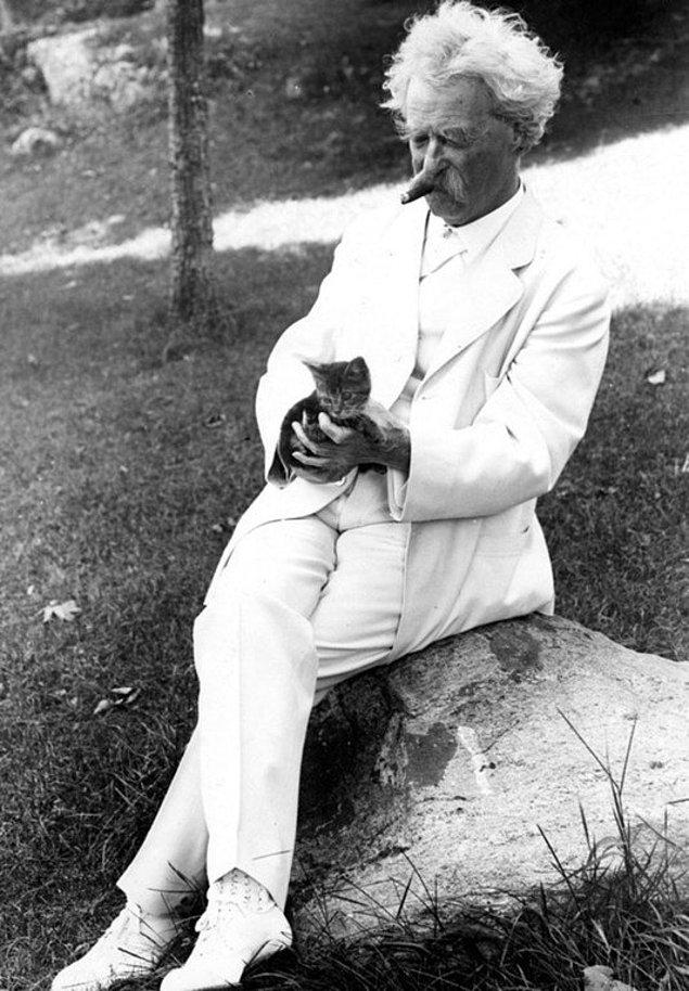 15. Mark Twain Central Park'ta kedi severken.