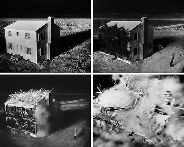 12. Test sırasında patlama yerinden 1.6 km uzaklıktaki bir evin 2.3 saniyedeki yok oluşunu gösteren kamera görüntüleri.