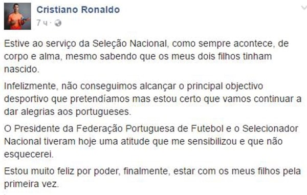 1. "Я был на службе национальной сборной, как всегда, душой и телом, хотя у меня родились двое детей."  Президент Португальской федерации футбола и тренер отпустили футболиста с матча за третье место, чтобы он смог побыть с детьми.