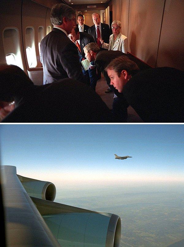 11. George Bush ve ekibi, Louisiana'daki Barksdale Hava Üssü'ne giderken, Air Force One'ın pencerelerinden F-16 eskortlarına bakıyor.