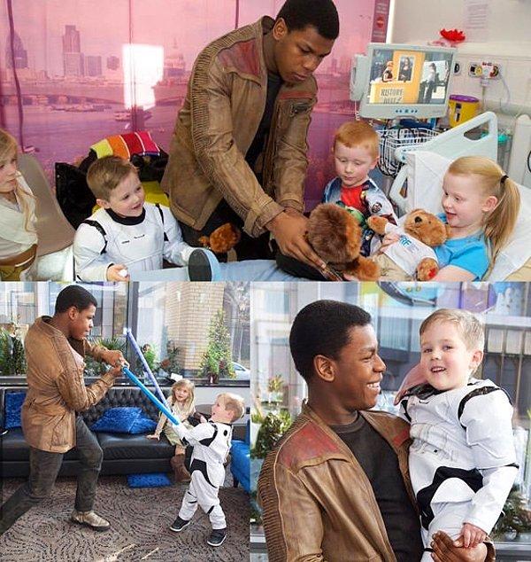 #9 Star Wars'un Finn'i John Boyega, hastanede tedavi gören minik cosplay'leri ziyaret ederek onları mutlu ediyor.