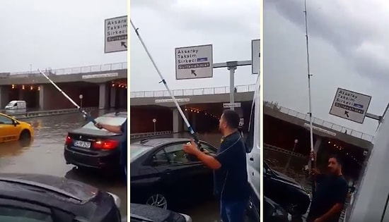 İstanbul'da Aşırı Yağıştan Sonra Aracından Çıkarak Yağmur Sularına Oltasını Sallayan Adam