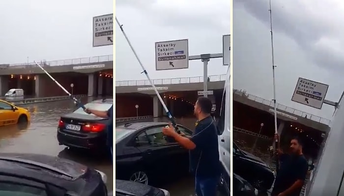 İstanbul'da Aşırı Yağıştan Sonra Aracından Çıkarak Yağmur Sularına Oltasını Sallayan Adam