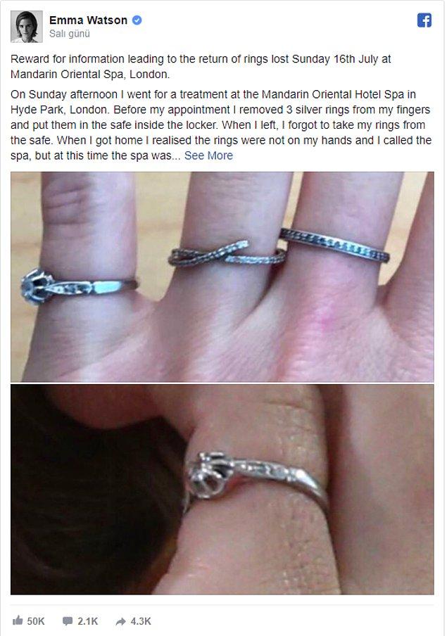 Yüzüklerinin fotoğraflarını da paylaşıma ekleyen Emma Watson, hayranlarından ve takipçilerinden yüzüğünü bulmasına yardımcı olmalarını diliyor!