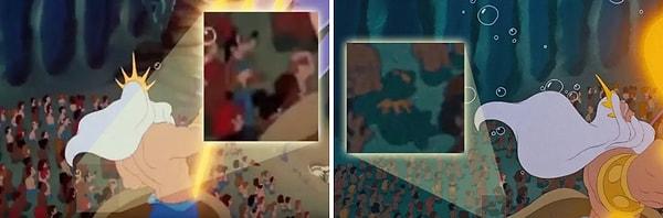 17. Mickey, Donald, Goofy ve Kermit; Küçük Deniz Kızı'nın daha ilk sahnelerinde Kral Triton'un giriş yaptığı anda görünüyorlar.